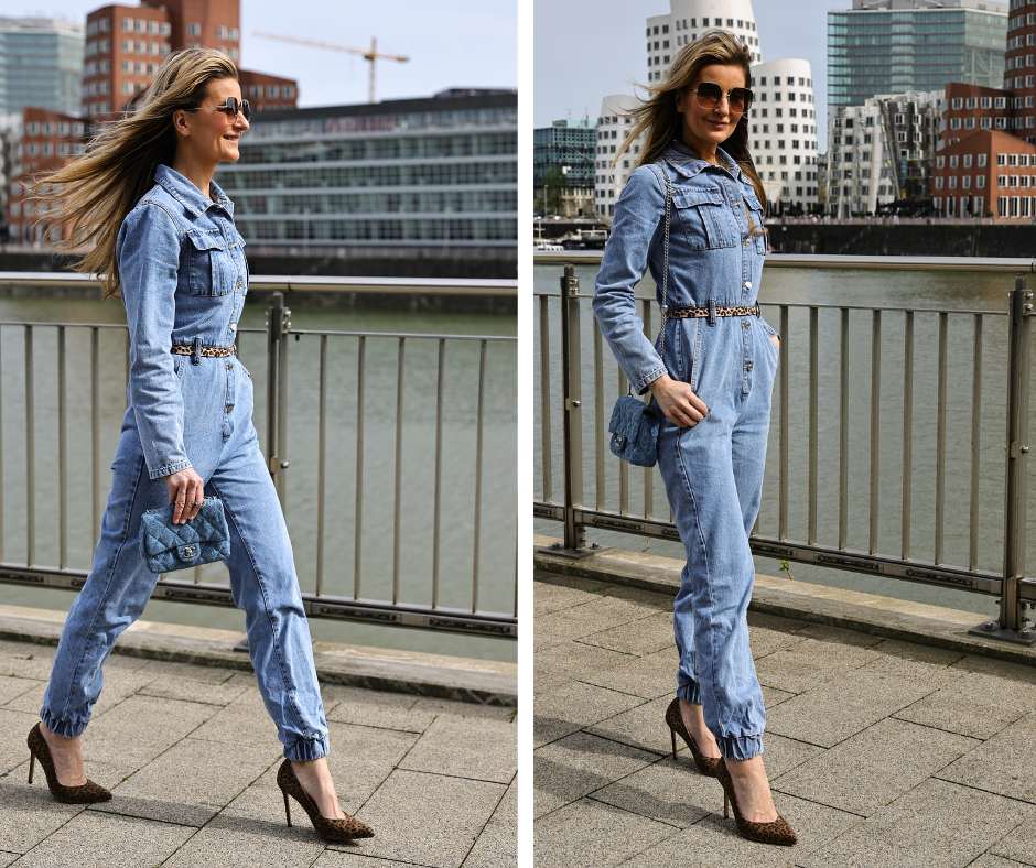 Britta in einem Jumpsuit Allrounder in DENIM CHICE kombiniert mit leofarbenen High Heels Gloriellas Wild leo